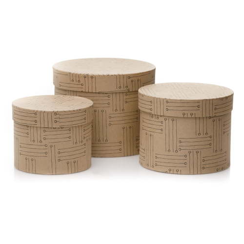 Set 3 cutii rotunde imitație lemn - model linii