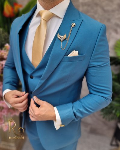 Costum de barbati elegant albastru-sacou, vesta si pantalon - c4100
