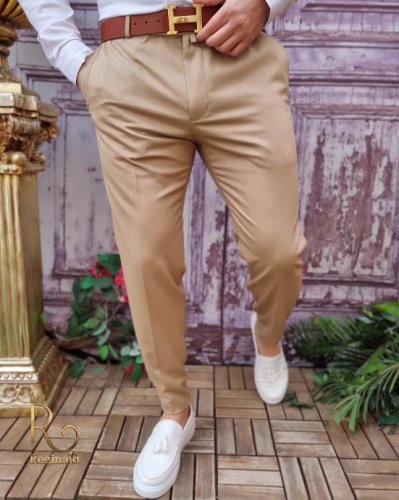 Pantaloni eleganți de bărbați, bej, slim fit - pn729