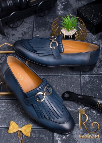 Pantofi loafers barbatesti bleumarin din piele naturala cu franjuri - p1012