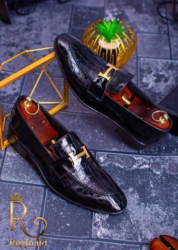 Pantofi mocasini / loafers, croc texture, piele neagra lacuiti - p1221