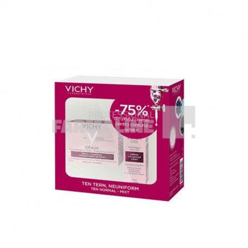 Vichy pachet idealia crema de fata cu efect de netezire si iluminare ten normal-mixt 50 ml + crema contur ochi 15 ml 75% din al ii-lea