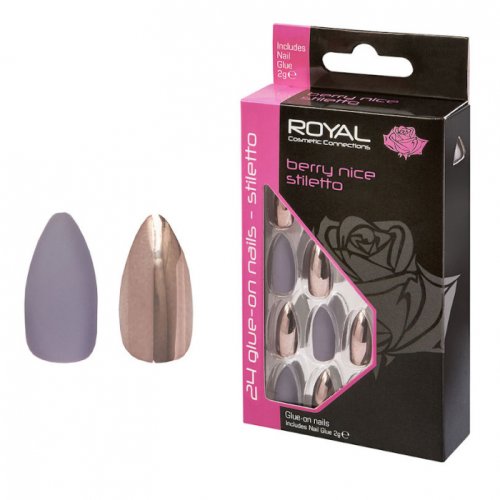 Set 24 unghii false royal glue-on nail tips, berry nice stiletto, adeziv inclus 3 g
