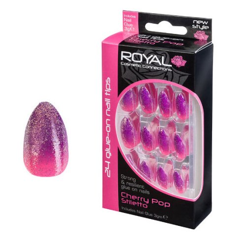Set 24 unghii false royal glue-on nail tips, cherry pop stiletto, adeziv inclus 3 g
