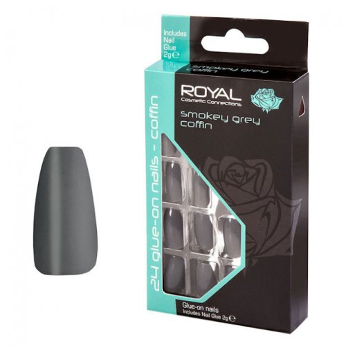 Set 24 unghii false royal glue-on nail tips, smokey grey coffin, adeziv inclus 2 g