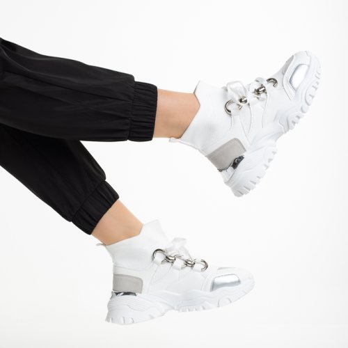 Pantofi sport dama albi din piele ecologica si material textil raylan