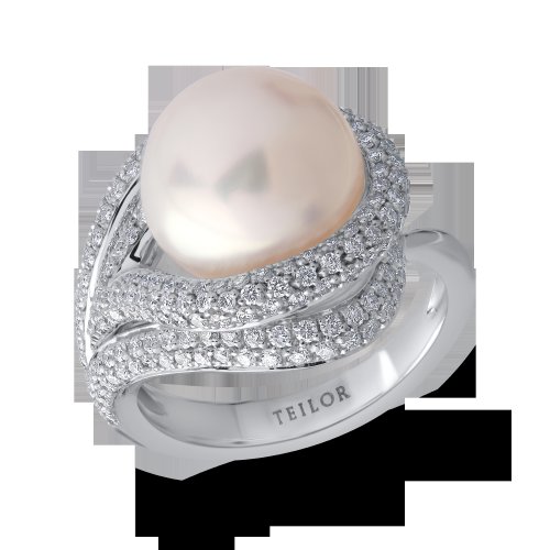 Inel din aur alb de 18k cu perla de cultura de 12ct si diamante de 1.38ct