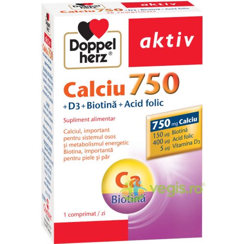 Calciu 750mg + vitamina d3 + biotina + acid folic aktiv 30cpr