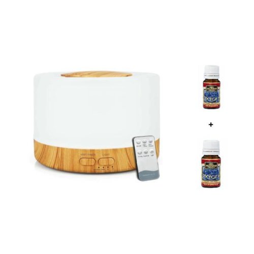 Oem Difuzor aromaterapie transparent cu baza de lemn ultrasunete lampa de veghe cu telecomanda 500 ml 16 ore silentios alb cu 2 uleiuri aromate