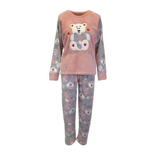 Pijama dama, univers fashion, bluza cocolino roz inchis si gri cu ursulet, pantaloni polar gri cu imprimeu roz inchis, 2xl