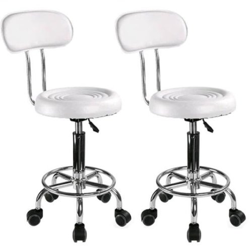 Set 2 bucati - scaun hidraulic cu spatar si roti, alb, taburet rotativ, pentru salon, cosmetica, manichiura, pedichiura, frizerie, coafor, piele ecologica, cu suport pentru picioare