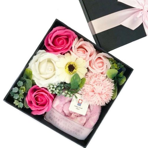 Oem Set prosop de maini 25x25cm, 100% bumbac premium roz si flori de sapun, cutie cadou