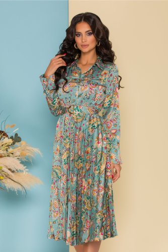 Rochie sabrina turcoaz cu imprimeuri florale colorate