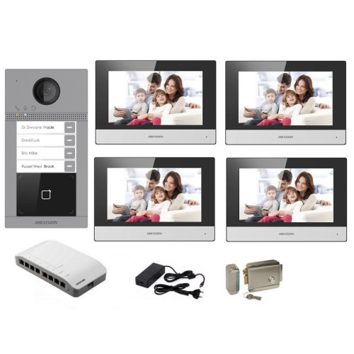 Kit complet videointerfon ip hikvision pentru 4 familii