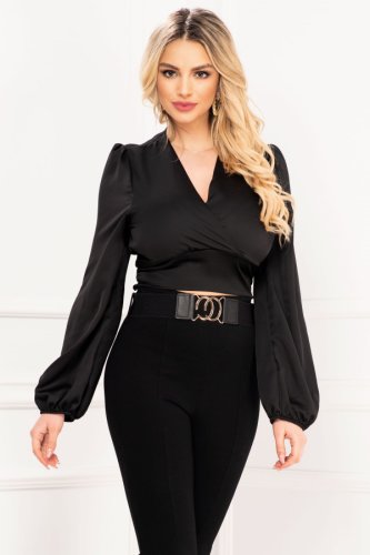 Bluza eleganta din satin neagra cu funda la spate