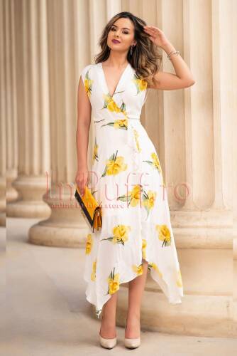 Rochie eleganta de vara alba cu imprimeu floral galben