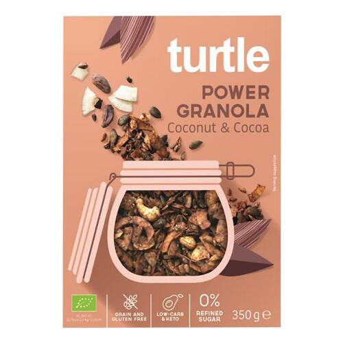 Cereale power granola cu nuca de cocos si cacao fara gluten, turtle, bio, 350 g