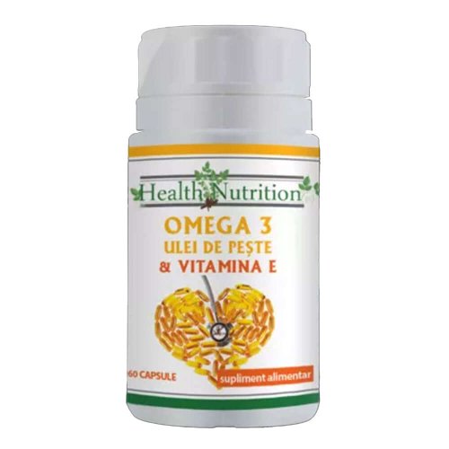 Omega 3 ulei de peste 500mg + vitamina e 5mg health nutrition, 60 capsule moi, natural