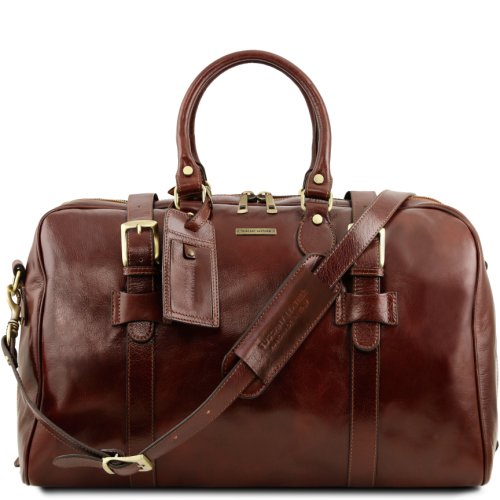 Tl voyager leather travel bag with front straps - large size brown
