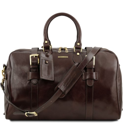 Tl voyager leather travel bag with front straps - large size dark brown