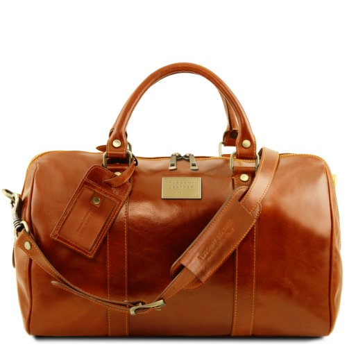 Tl voyager travel leather duffle bag with pocket on the back side - small size honey