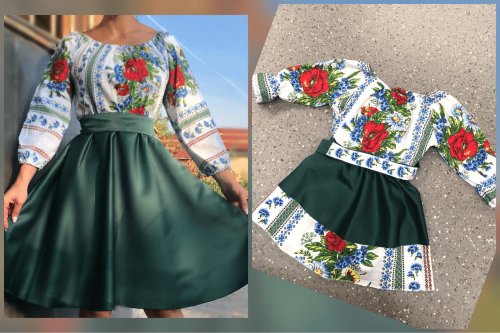 Set rochii mama-fiica cu motive traditionale mara scurta verde
