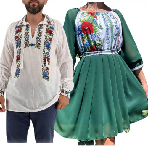 Set cuplu 562 camasa traditionala si rochie stilizata cu motive traditionale