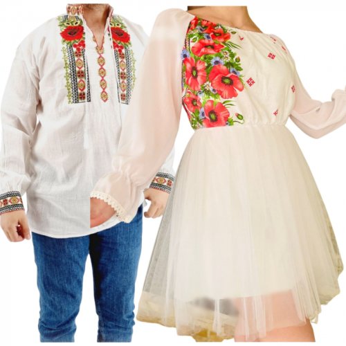 Set cuplu 565 camasa traditionala si rochie stilizata cu motive traditionale