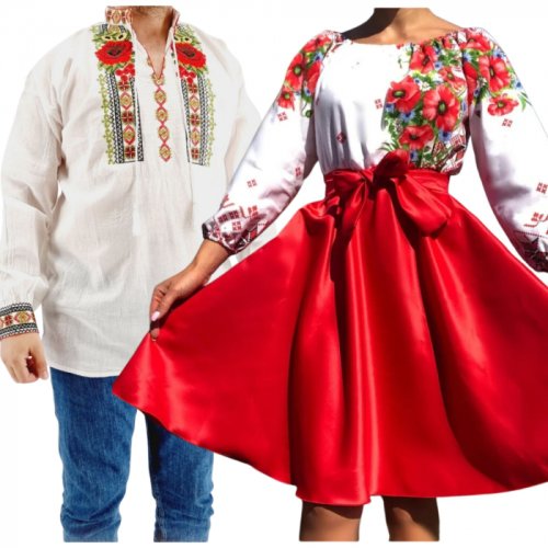 Set cuplu 569 camasa traditionala si rochie stilizata cu motive traditionale