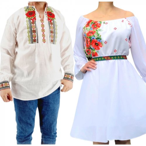 Set cuplu 571 camasa traditionala si rochie stilizata cu motive traditionale