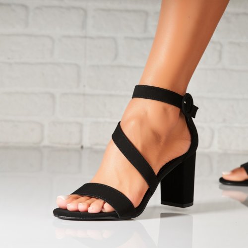 Sandale dama cu toc negre din piele ecologica intoarsa saishree a6127