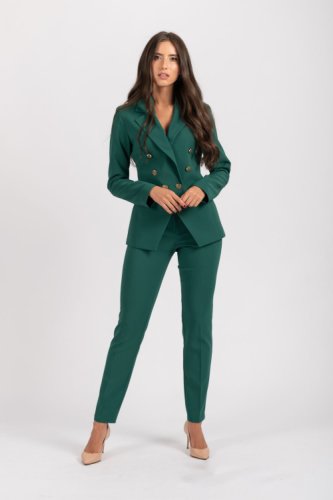 Compleu elegant de culoare verde format din sacou cu inchidere la un nasture si pantaloni pana cu buzunare laterale