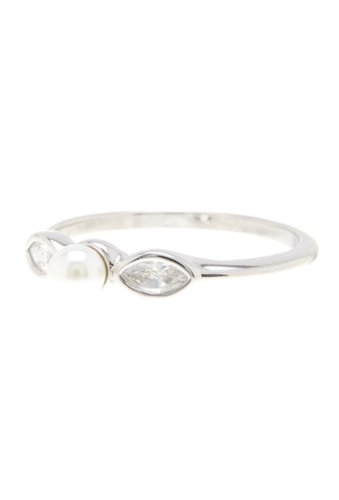 Bijuterii femei adornia sterling silver 3mm freshwater pearl swarovski crystal marquise ring - size 7 white