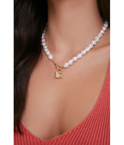 Bijuterii femei forever21 lock pendant faux pearl necklace goldivory