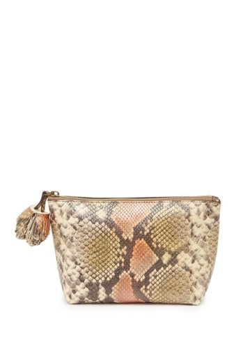 Genti femei thacker pompom snake skin print embossed pouch bag taupe python