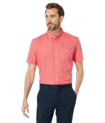 Imbracaminte barbati us polo assn short sleeve dot print solid poplin woven shirt pink coral