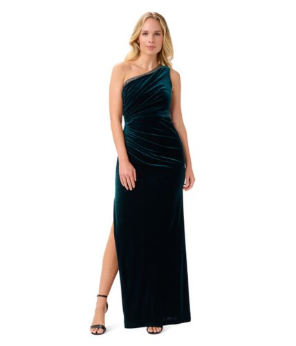 Imbracaminte femei adrianna papell one shoulder stretch velvet long column gown with beaded trim hunter