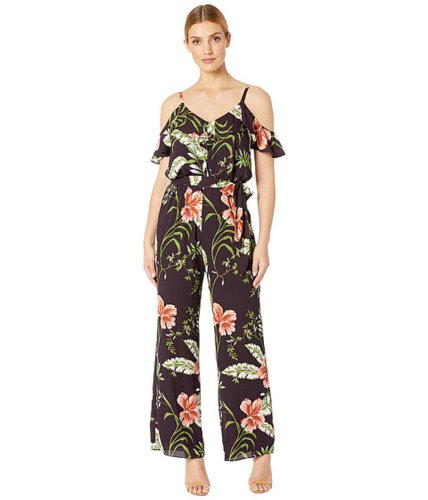 Imbracaminte femei adrianna papell tropic printed jumpsuit with blouson and flounce sleeve plum multi