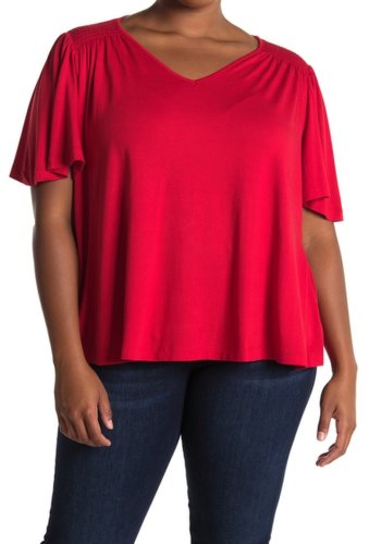Imbracaminte femei bobeau v-neck smocked shoulder top plus size red