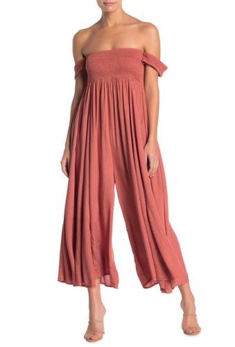 Imbracaminte femei boho me off-the-shoulder smocked jumpsuit clay