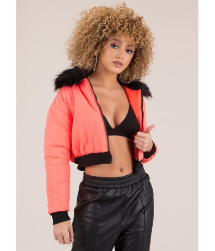 Imbracaminte femei cheapchic fur-ever yours puffy cropped jacket neonpink