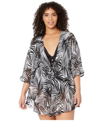 Imbracaminte femei dotti plus size paradise palm flutter sleeve tunic cover-up blackwhite