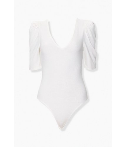 Imbracaminte femei forever21 ruched-sleeve rib knit bodysuit cream