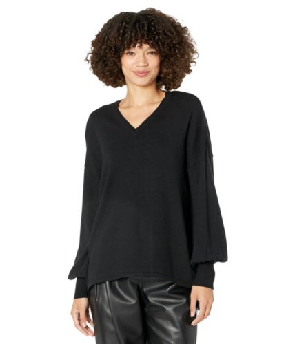 Imbracaminte femei h halston long sleeve v-neck mix media sweater black