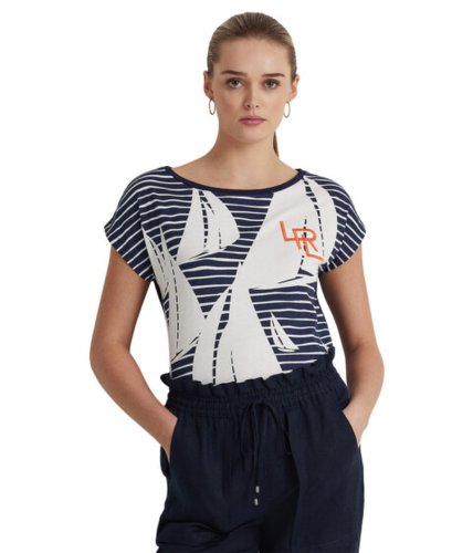 Imbracaminte femei lauren ralph lauren striped graphic jersey tee french navywhite