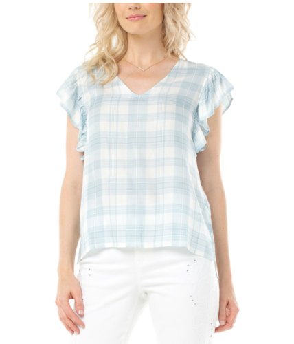 Imbracaminte femei liverpool v-neck ruffle sleeve blouse bluewhite plaid
