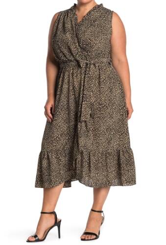 Imbracaminte femei london times leopard print ruffled sleeveless wrap midi dress plus size blkyellow