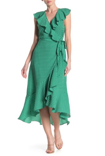 Imbracaminte femei max studio patterned ruffle wrap midi dress green tulip waves