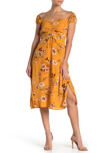 Imbracaminte femei row a ruched floral midi dress mustard