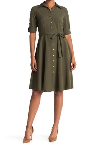Imbracaminte femei sharagano belted fit flare shirt dress olive drab